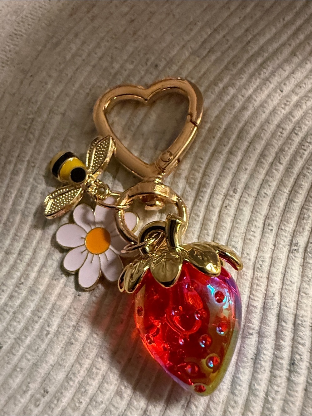 Gold Bee & Red Strawberry Charm Keychain for Women